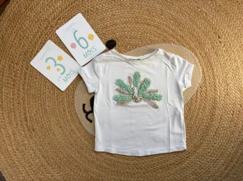 T-shirt MC blanc vert doré paon Okaïdi 3 ans 36 mois