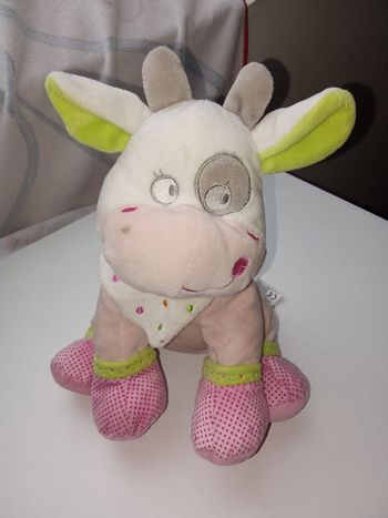Doudou vache fille mots d'enfants, rose, vert, blanc, foulard, pois 