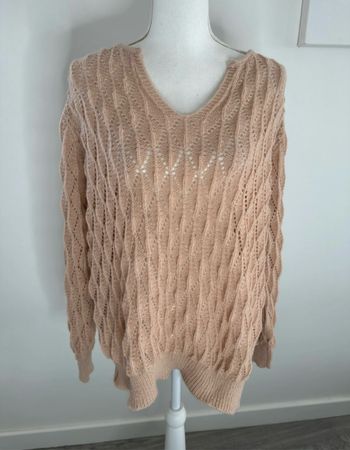 Pull en mailles torsades ajourées beige abricot Vintage T46 3XL