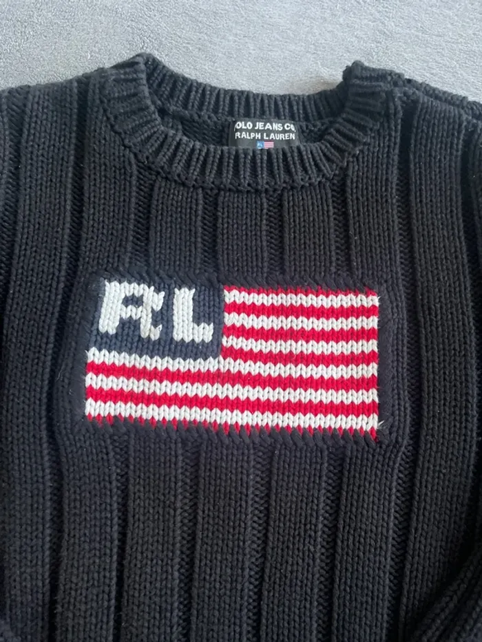 Pull noir Ralph Lauren USA Flag – côtelé Y2K – Taille XS femme - photo numéro 2