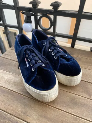 Superga compensées velours bleu