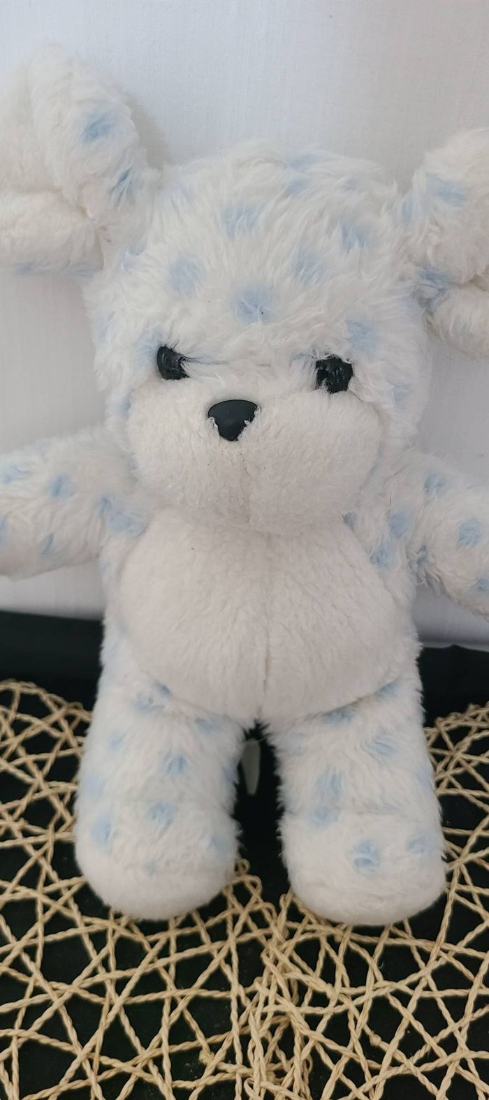 Peluche doudou ours ourson blanc bleu pois Nounours vintage