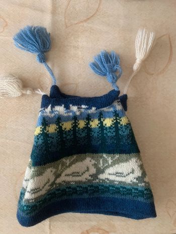 Bonnet enfant laine bleu vert multicolore avec pompons