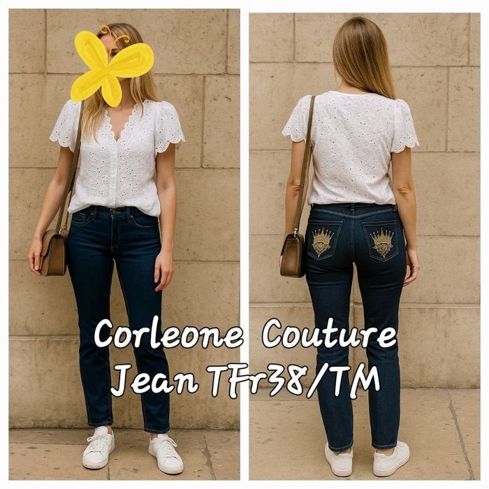 Corleone  Couture Jean TFr38-Coupe Ajustée & Mid Rise-Bleu Denim Brut aux Reflets dorés en TBE