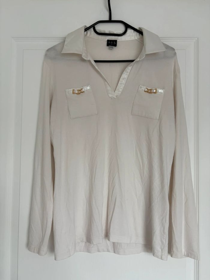 Chemisier col V blanc manches longues détails dorés et satin taille L marque 123 - photo numéro 2