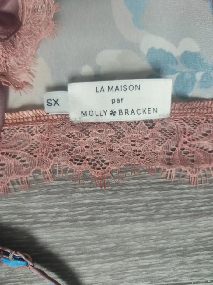 Caraco débardeur à bretelles dentelle motif fleuri taupe bleu beige taille XS Molly Bracken - photo numéro 7