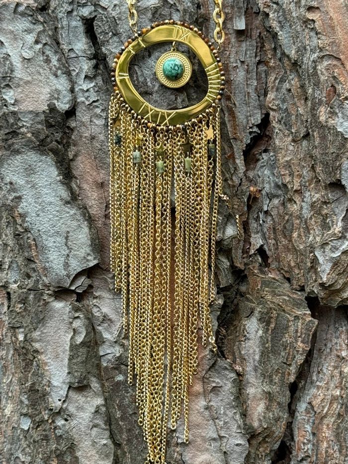 Sautoir habaha Paris acier inoxydable  chaîne  réglable chaises pierres pyrite amazonite dorés - photo numéro 8