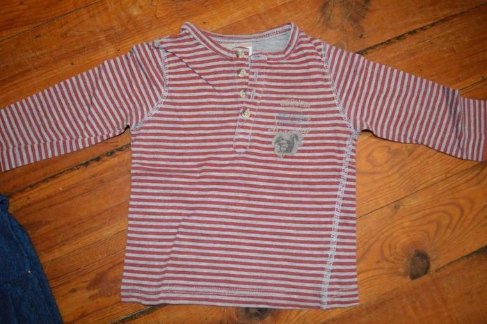 Teeshirt manches longues rayures 12 mois - 1 an DPAM rouge gris