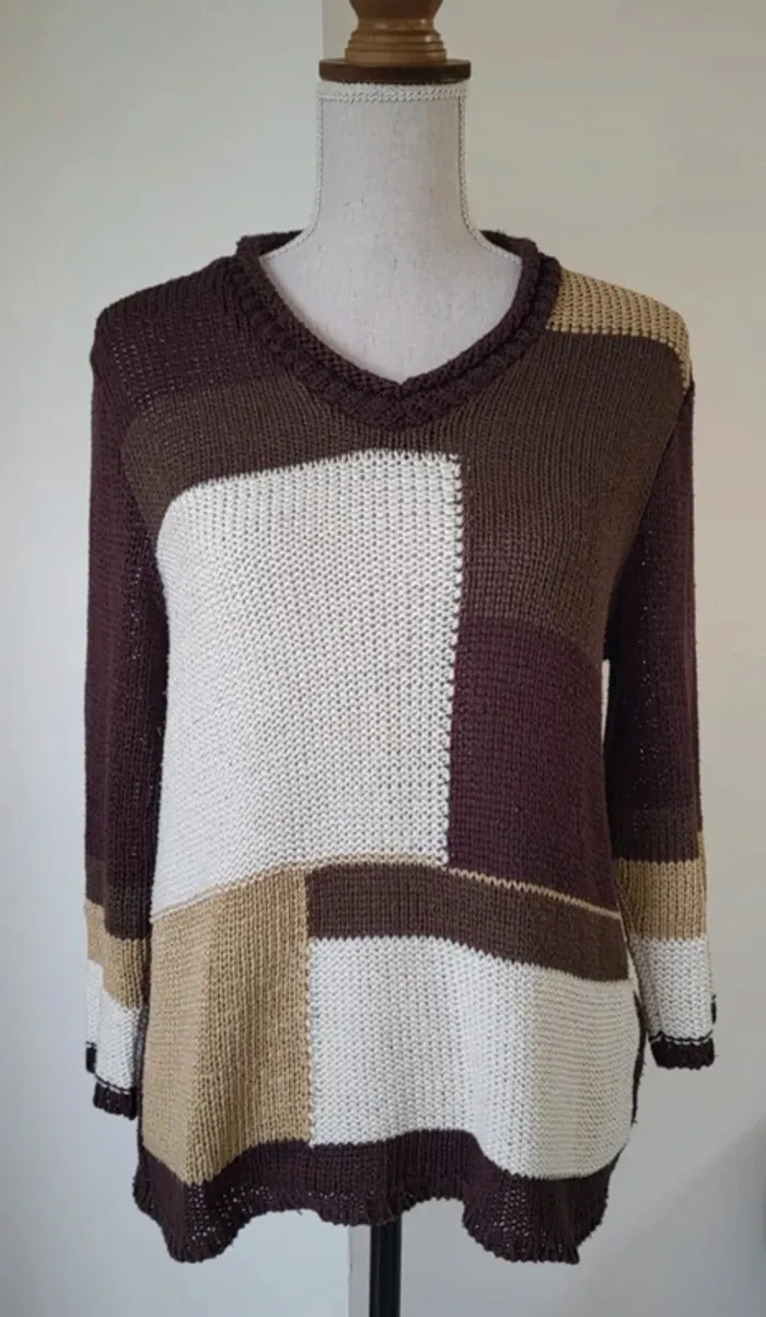 Pull à col V marron beige et blanc Christine Laure Taille 4 ou 42