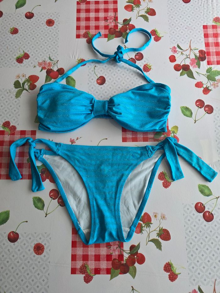 MAILLOT DE BAIN FEMME 2 PIÈCES BLEU TURQUOISE PAILLETTES 38 MARQUE F&F