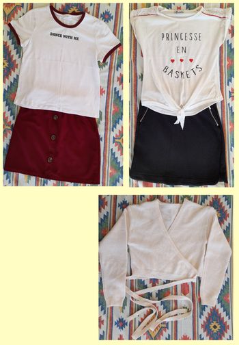 Lot 2 ensembles jupes et t-shirts + 1 gilet fille 12 ans