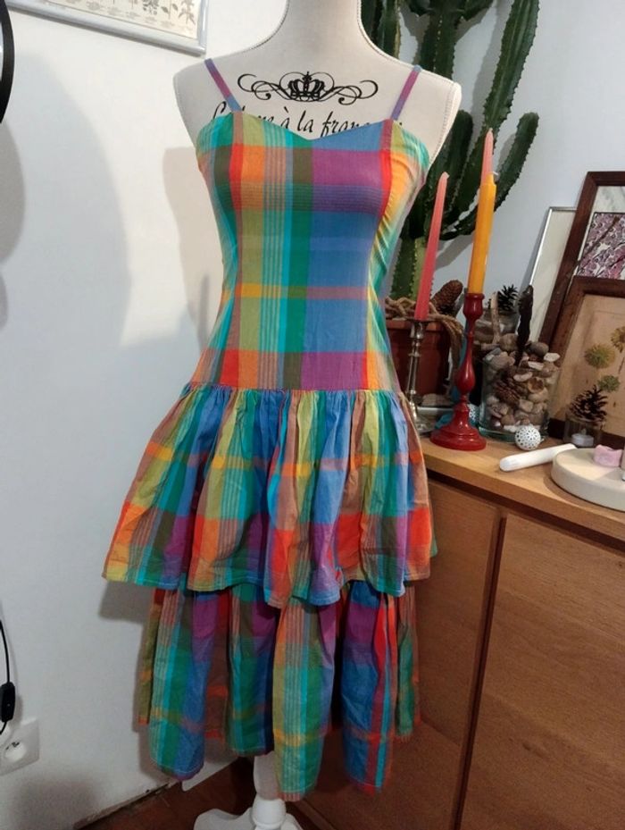 Robe vintage Multicolore coton carreaux madras - photo numéro 4