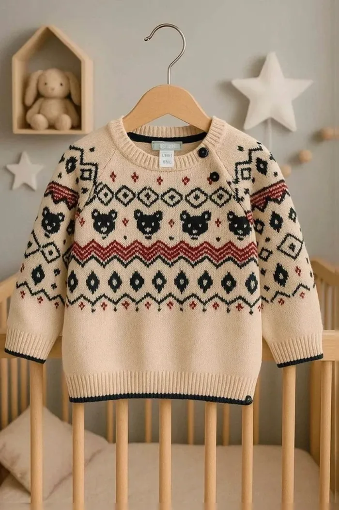 Pull bébé tricoté à motifs oursons et géométriques – Obaïbi, 12 mois