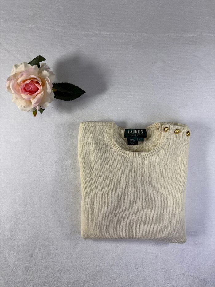 Pull Ralph Lauren femme S beige Boutons dorés épaule – 100% coton