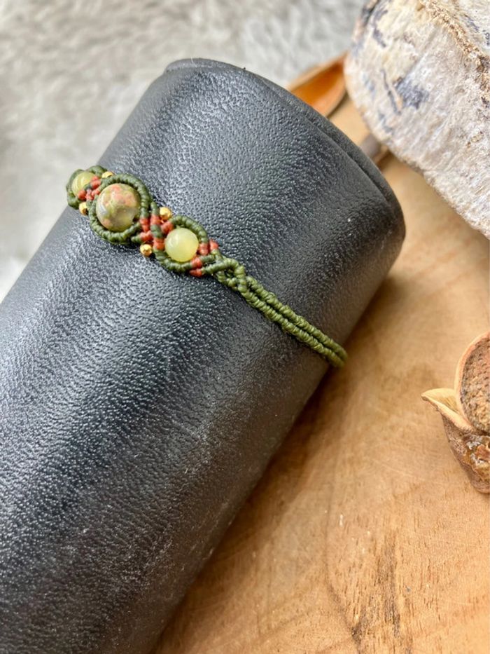 Bracelet macramé et acier inoxydable pierre Unakite et Jaspe - photo numéro 3