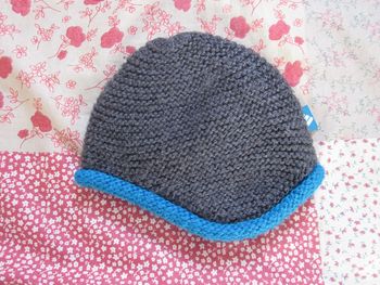 Bonnet tricot gris et bleu 1-2 ans