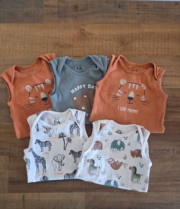 Lot de 5 Bodys Bébé Sans Manches - Thème Animaux
