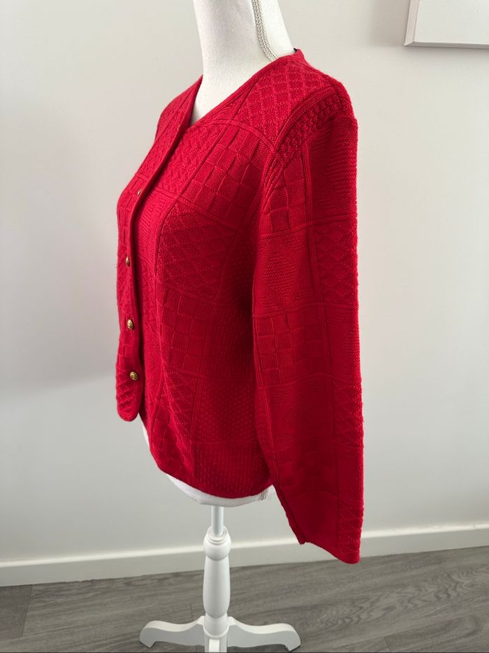 Cardigan en maille tricotée patchwork rose rouge Vintage T38 M - photo numéro 3