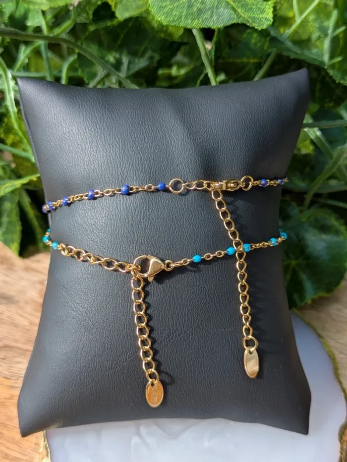 Bracelet en acier inoxydable doré perles bleues - photo numéro 6