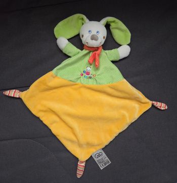 Doudou losange Lapin jaune et vert - chat avec balles - Mots d'enfants