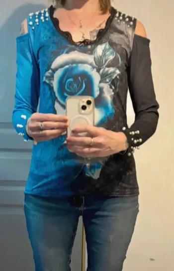T-shirt original épaules dénudées 🌹 bleu & noir – taille S