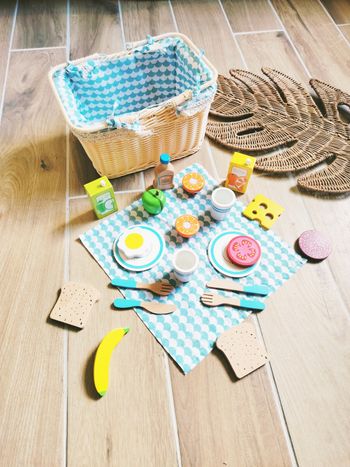 🧺Dinette panier pique nique avec vaisselles et divers aliments en bois L'atelier du bois