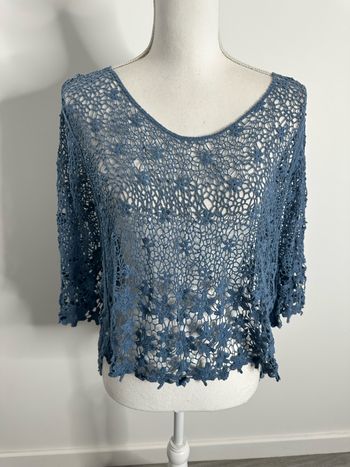 Blouse en crochet broderies bleue gris Vintage T38 M