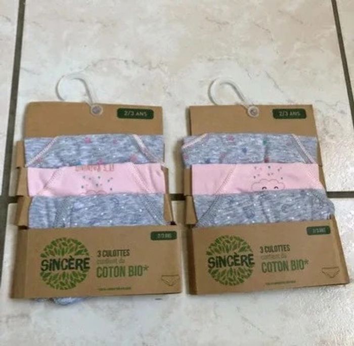 Lot de 6 culottes Sincere fille coton bio T 2/3 ans Neufs dans emballage