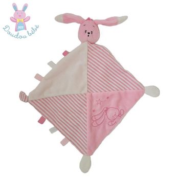 Doudou plat lapin rose blanc rayé étoiles étiquettes AUCHAN