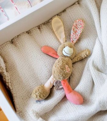 Doudou Lapin beige saumon rayé cœurs fleurs TAPE A L’OEIL TAO