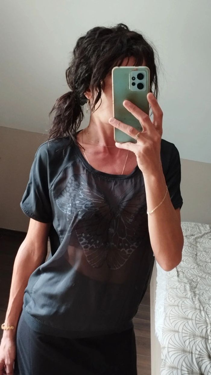Blouse Bonobo noir devant transparent motif papillon TS - photo numéro 2