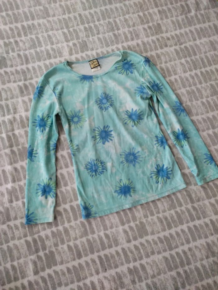 Tee-shirt manches longues turquoise bleu fleurs fashion studio taille 36 - photo numéro 2