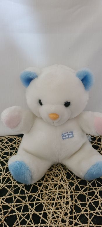 Peluche ours BOULGOM bleu blanc vintage nez rose 30 cm