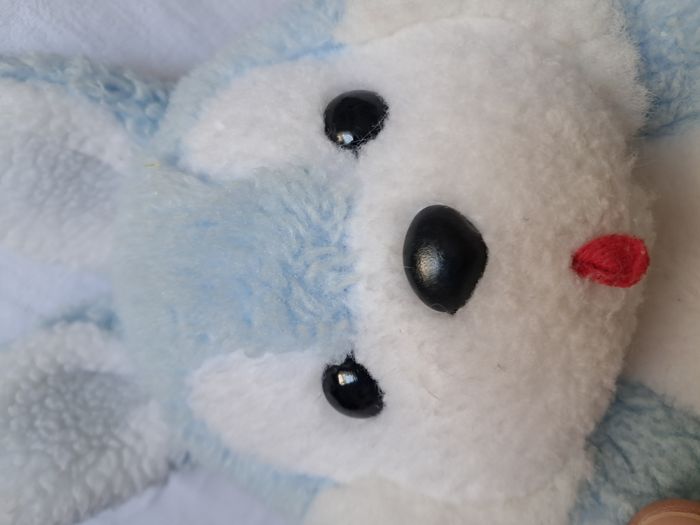 Peluche lapin bleu et blanc grelot marque nounours Hauteur 27 cm ancien vintage - photo numéro 2