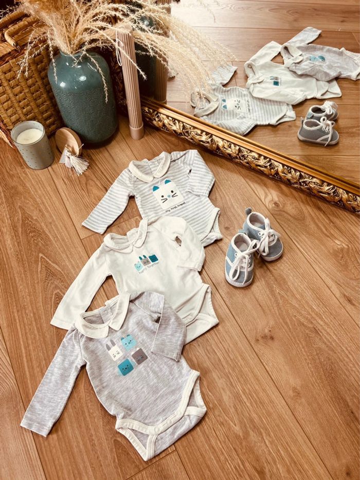 Taille naissance lot de 3 bodies manches longues garçon Obaibi blanc gris 💙