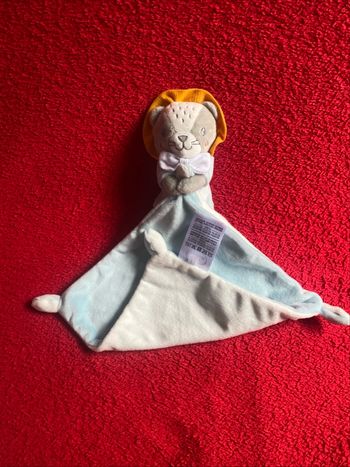 🇫🇷 doudou Lion Gris Couronne Orange Mouchoir Bleu Blanc Mots D'enfants Neuf