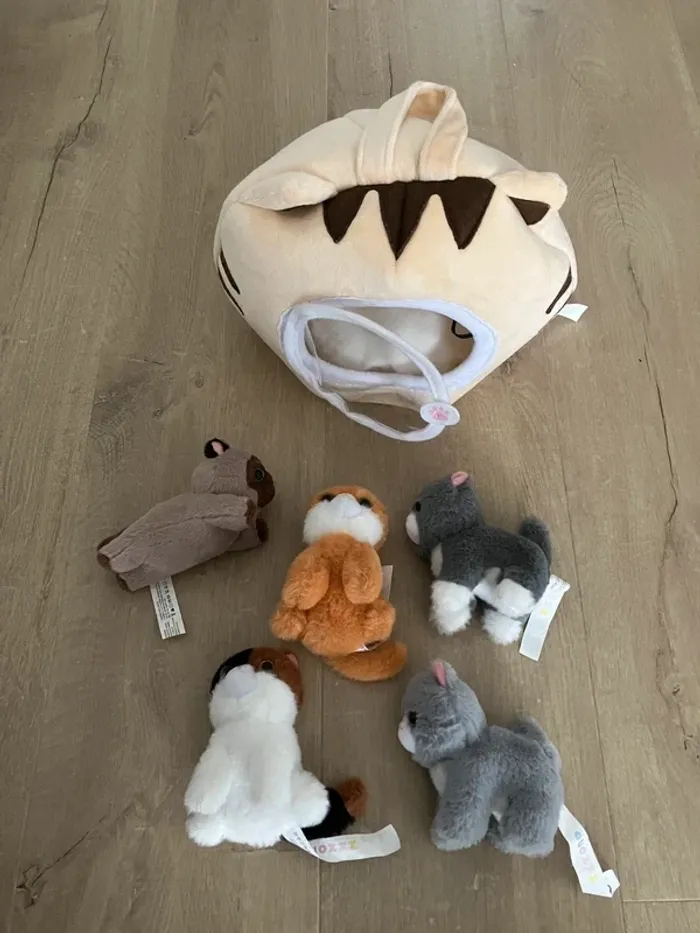 Lot de 5 petites peluches chats chatons avec sa maison panier ouozzz