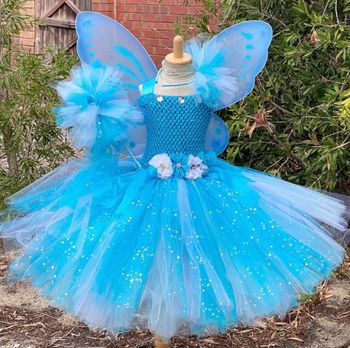 Déguisement robe princesse bleu aile de papillon + serre tête + baguette Taille 5-6ans