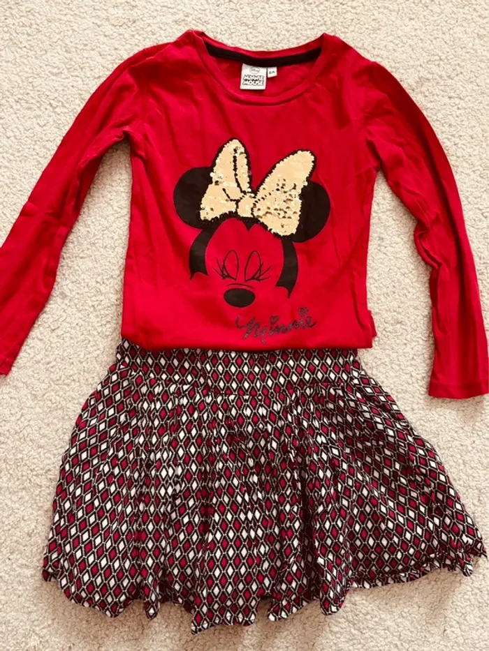 Ensemble rentrée fille 6 ans – T-shirt Minnie Mouse Disney sequins + jupe patineuse