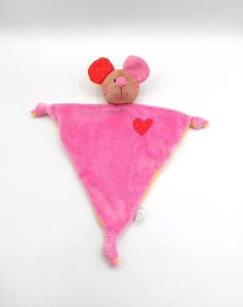 Doudou plat souris Kikou rose CREATIV TOYS triangle jaune coeur rouge 