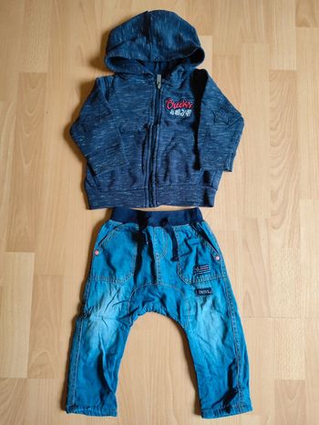 Lot tenue pantalon sarouel Denim doublé + sweat zippé à capuche Creeks en 18M