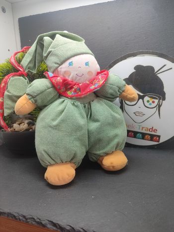 Doudou Ajena lutin grelot vert col rouge Fleurs  poupée chiffon ancien Jaune 239
