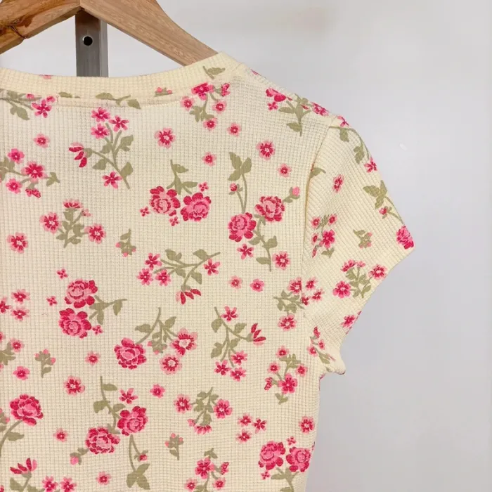 T-shirt fleuri River Island T40 motif roses rose et vert 100 % coton style vintage été A1267 - photo numéro 9