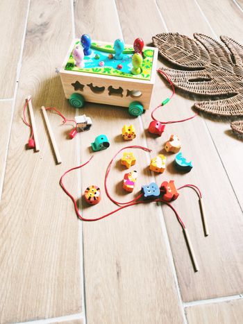 🎣Camion d'éveil multi activités 4 en 1 boîte à formes, perles et pêche à la ligne en bois