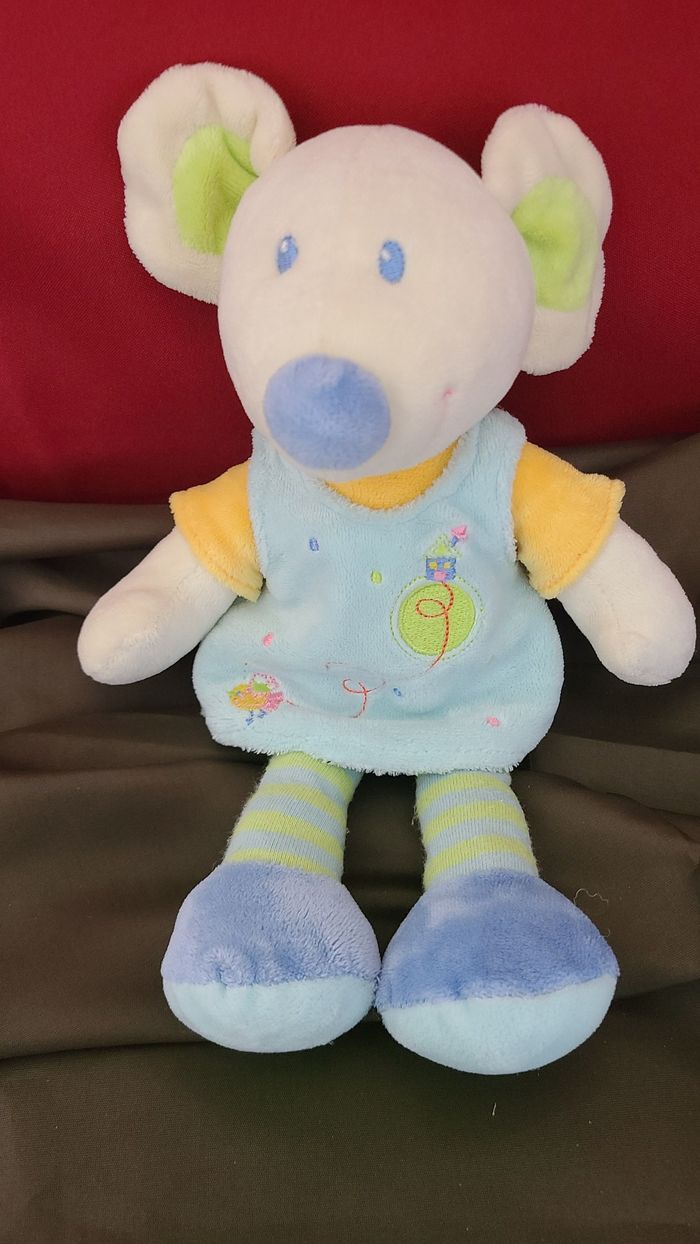 Souris MOTS D'ENFANTS doudou robe bleu