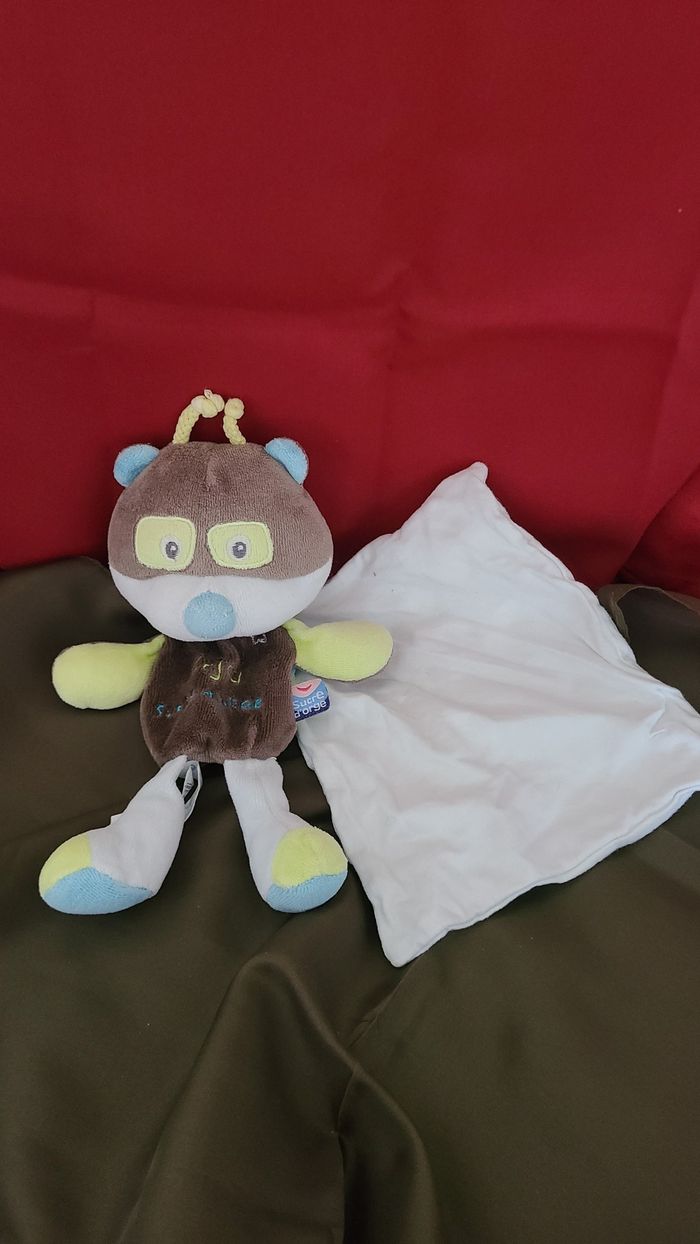 Doudou ours chat noir bleu vert mouchoir Cajou SUCRE D'ORGE