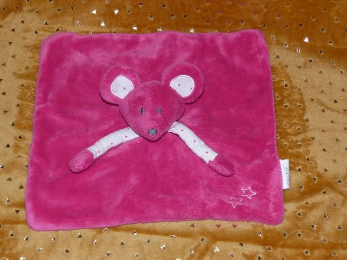Doudou plat souris rose blanc obaibi