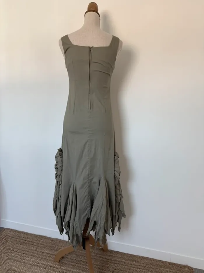 Robe longue kaki femme bretelles été volant L33 coton zip midi woman donna mujer S M - photo numéro 6