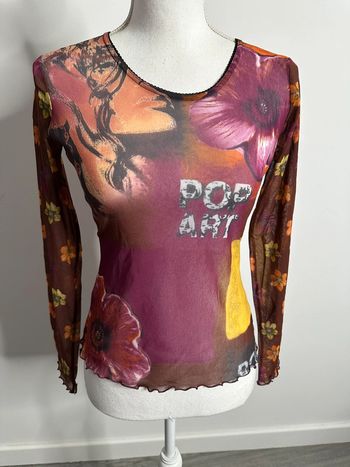 Top en mesh multicolore Pop Art fleurs Vintage T4 42 XL