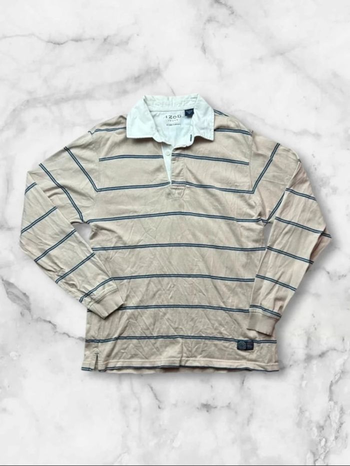 Polo rugby manches longues IZOD Retro Varsity rayé beige et bleu - Taille S